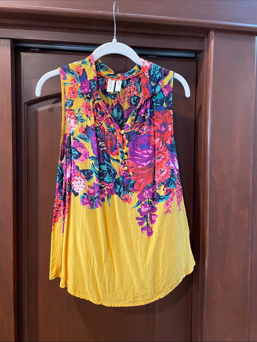 Anthropologie Yellow Floral Sleeveless Top with Pink & Teal Accents size Small